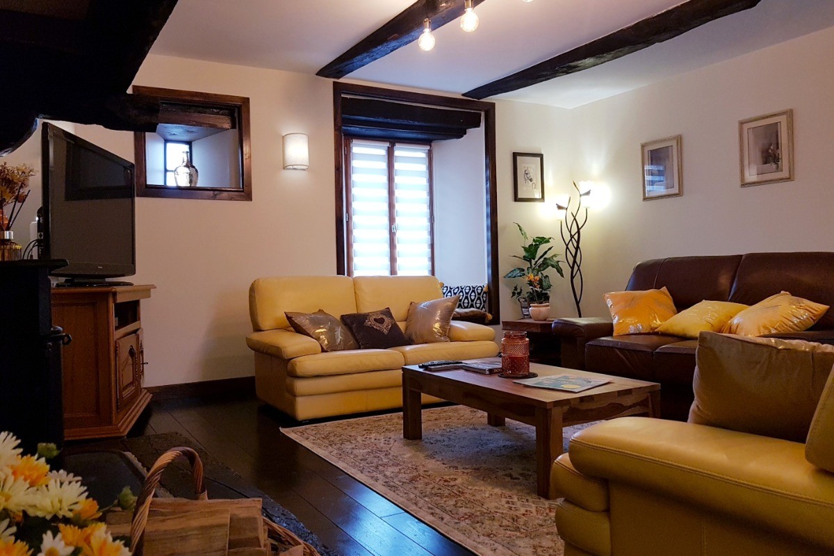 Grand salon indépendant avec poêle à bois, TV connectée, lecteur DVD et DVD