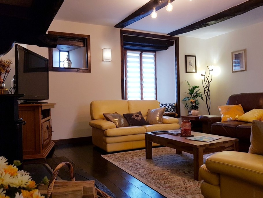 Grand salon indépendant avec poêle à bois, TV connectée, lecteur DVD et DVD