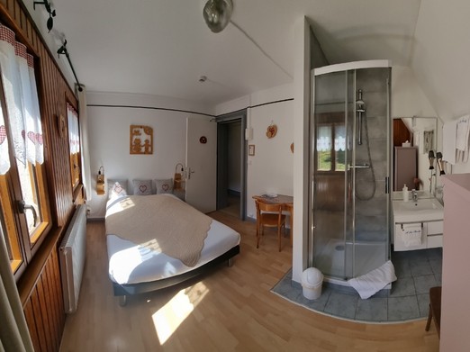 chambre bretzel avec douche et lavabo ouvert sur la chambre