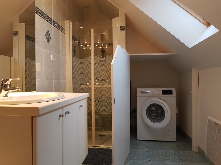 Bathroom with shower, vanity unit and washing machine
