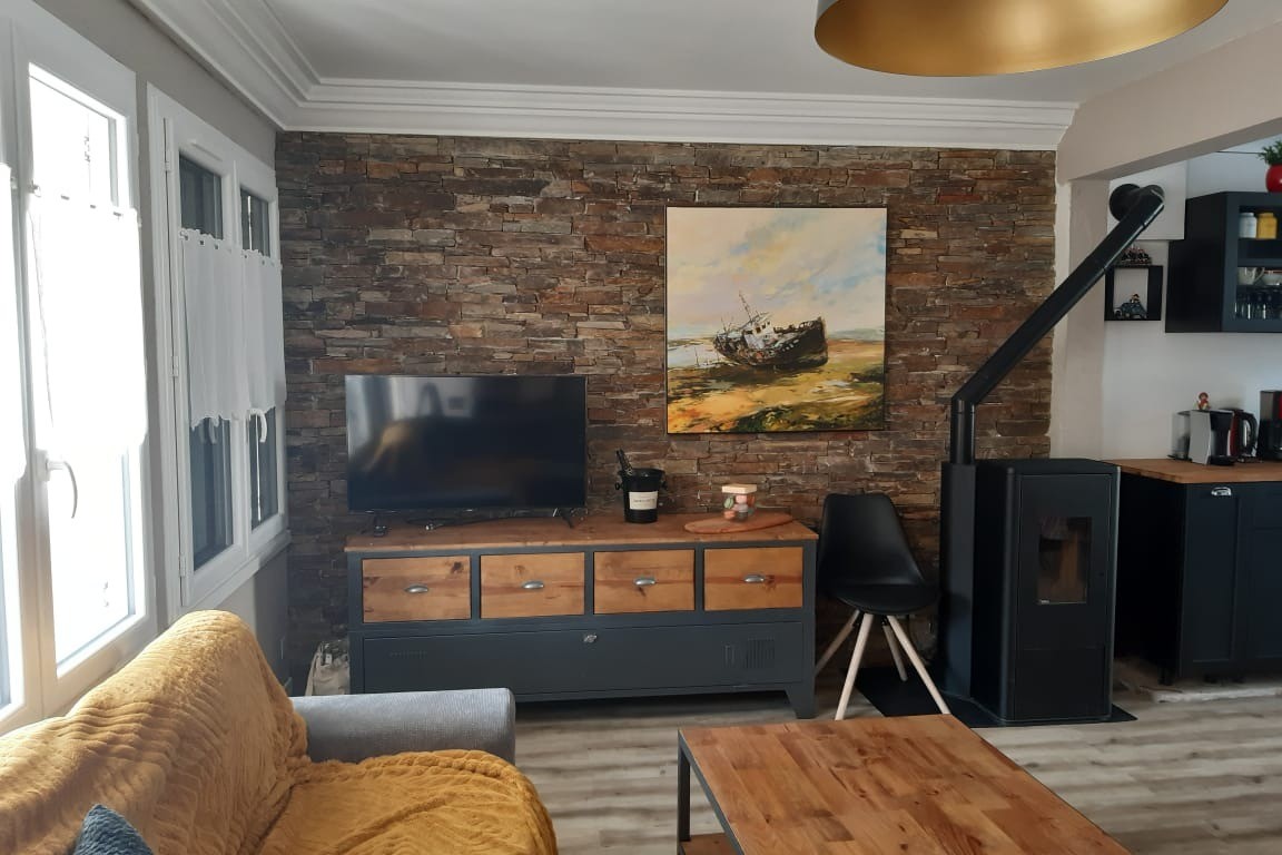 Salon avec TV et poêle à pellet