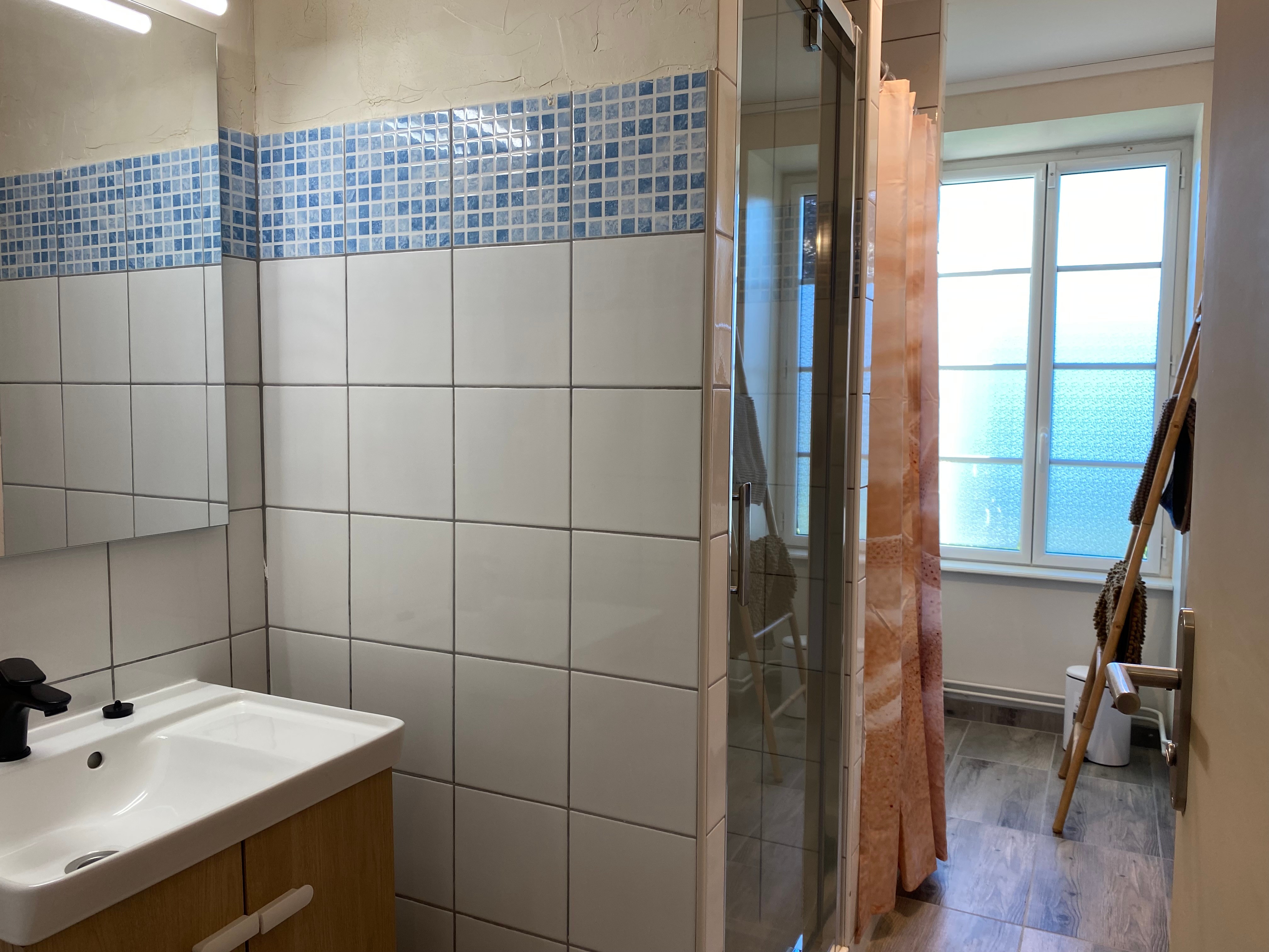 Salle de bain, double douche et un toilette