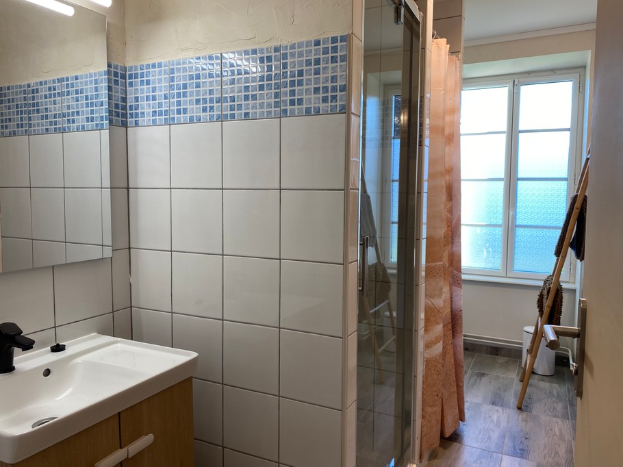 Salle de bain, double douche et un toilette