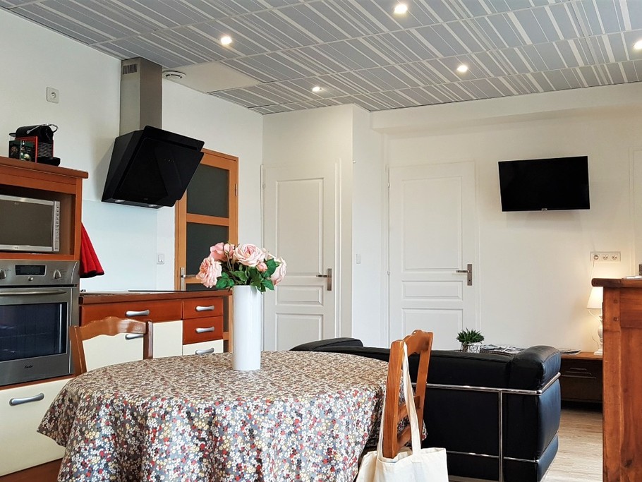 Studio de 36m². 
Pièce de vie avec coin couchage, coin séjour, coin salon, rangements. 
Crédits photos : Clévacances 35