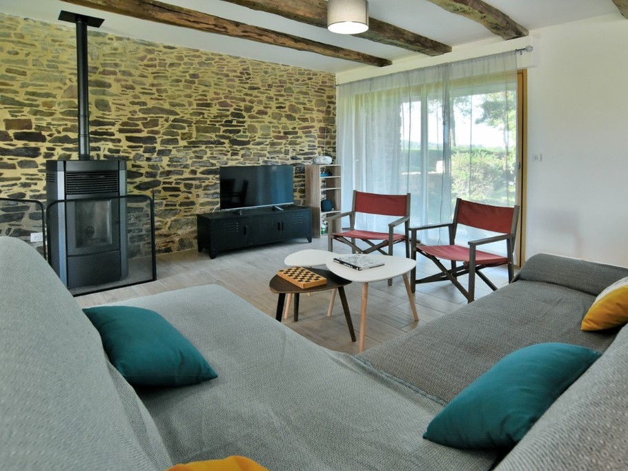 Grande pièce de vie avec poutres apparentes. Coin salon. Poêle à granulés en automne/hiver.