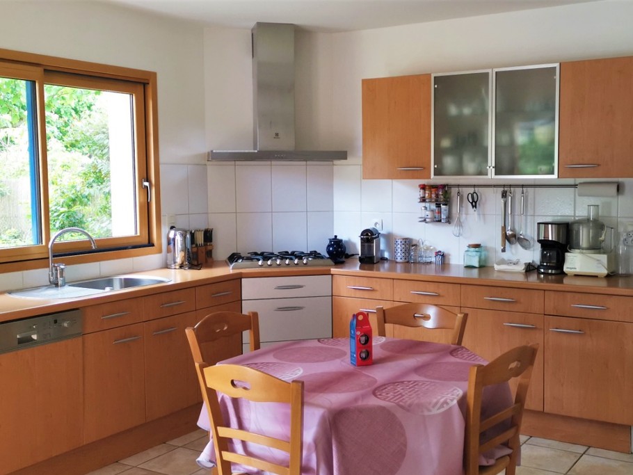 Cuisine toute équipée, avec vue sur le jardin arboré.