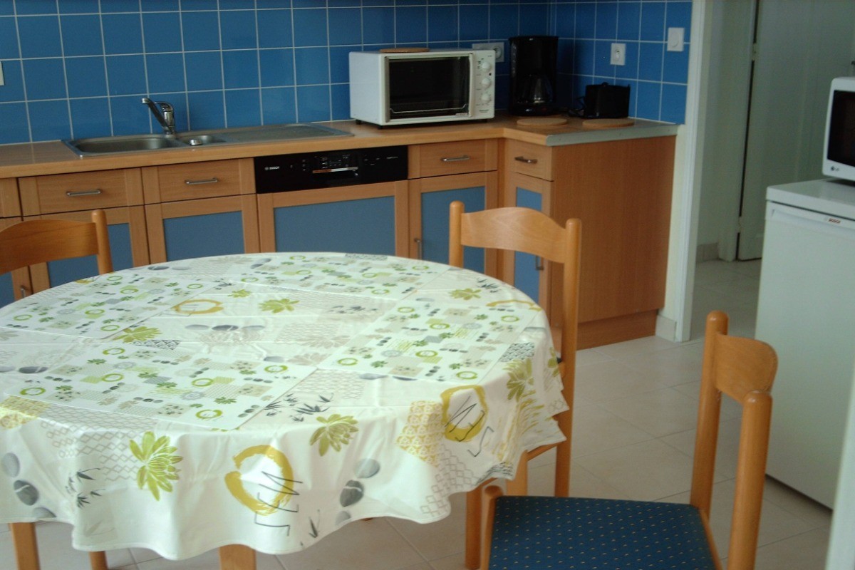 Cuisine aménagée et équipée avec frigo-congélateur, micro-ondes, four, lave-vaisselle, etc.