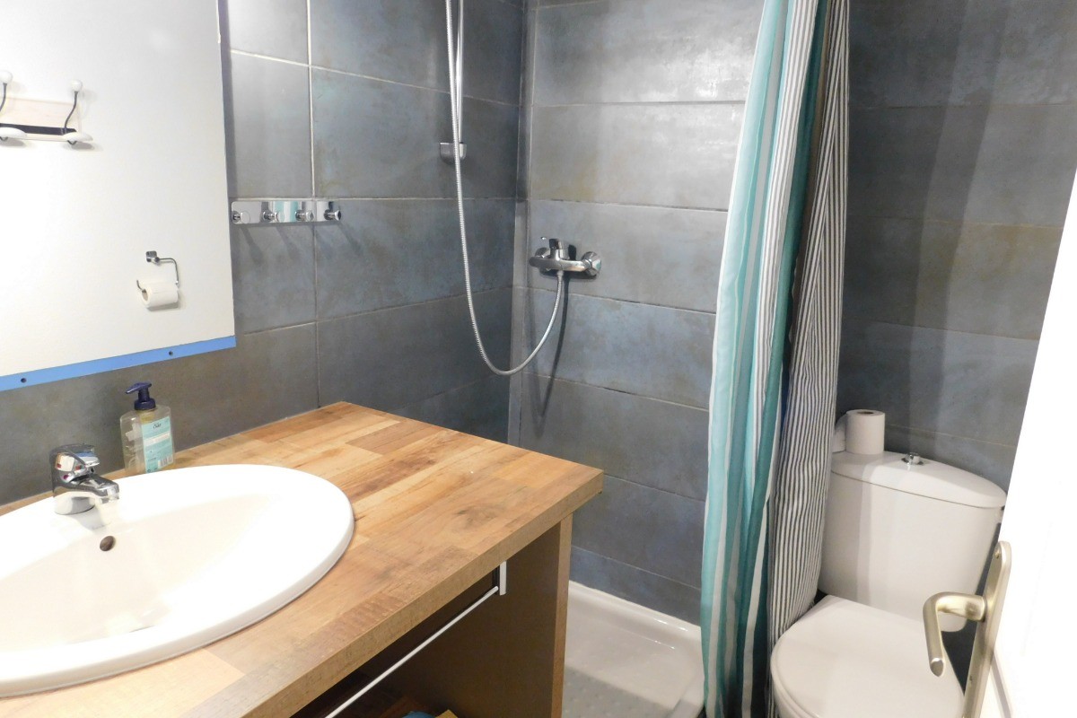 Salle d'eau équipée de plan vasque, miroir et spots, prise, porte gants, portes serviettes, portes manteaux, bloc WC avec abattant, porte papier WC, douche avec barre de douche large