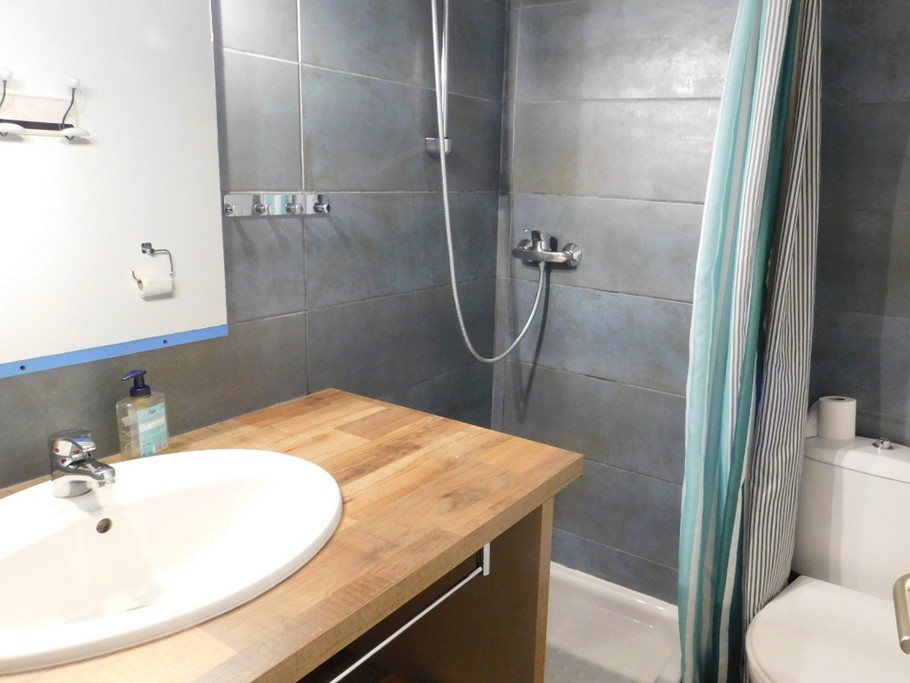 Salle d'eau équipée de plan vasque, miroir et spots, prise, porte gants, portes serviettes, portes manteaux, bloc WC avec abattant, porte papier WC, douche avec barre de douche large