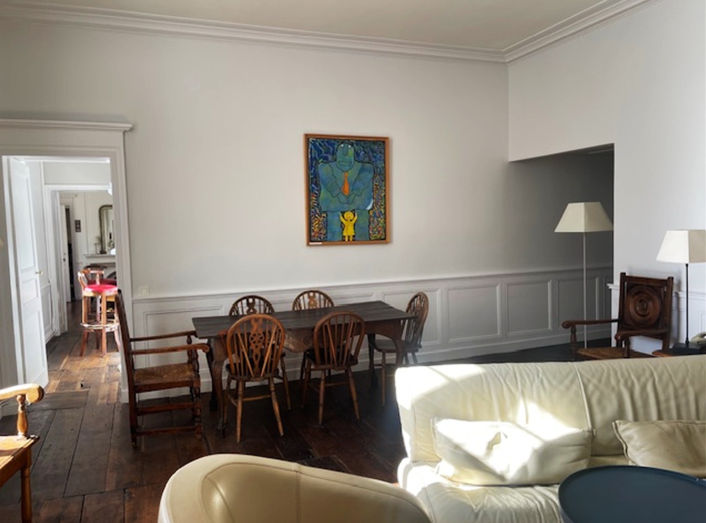 Living room with high ceilings and fireplace