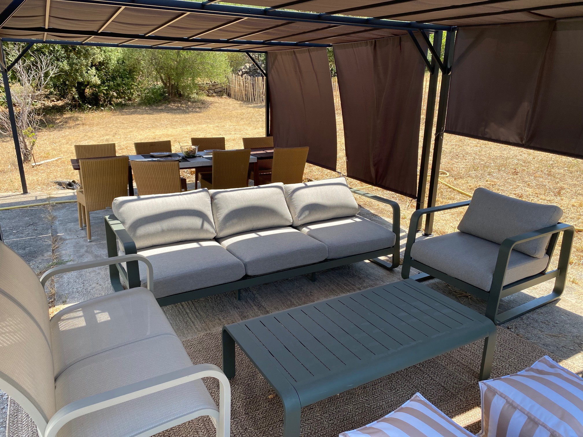 Garden seating area, with a view of the hills