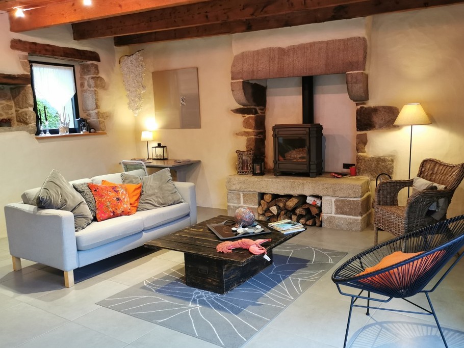 Salon avec poêle à bois