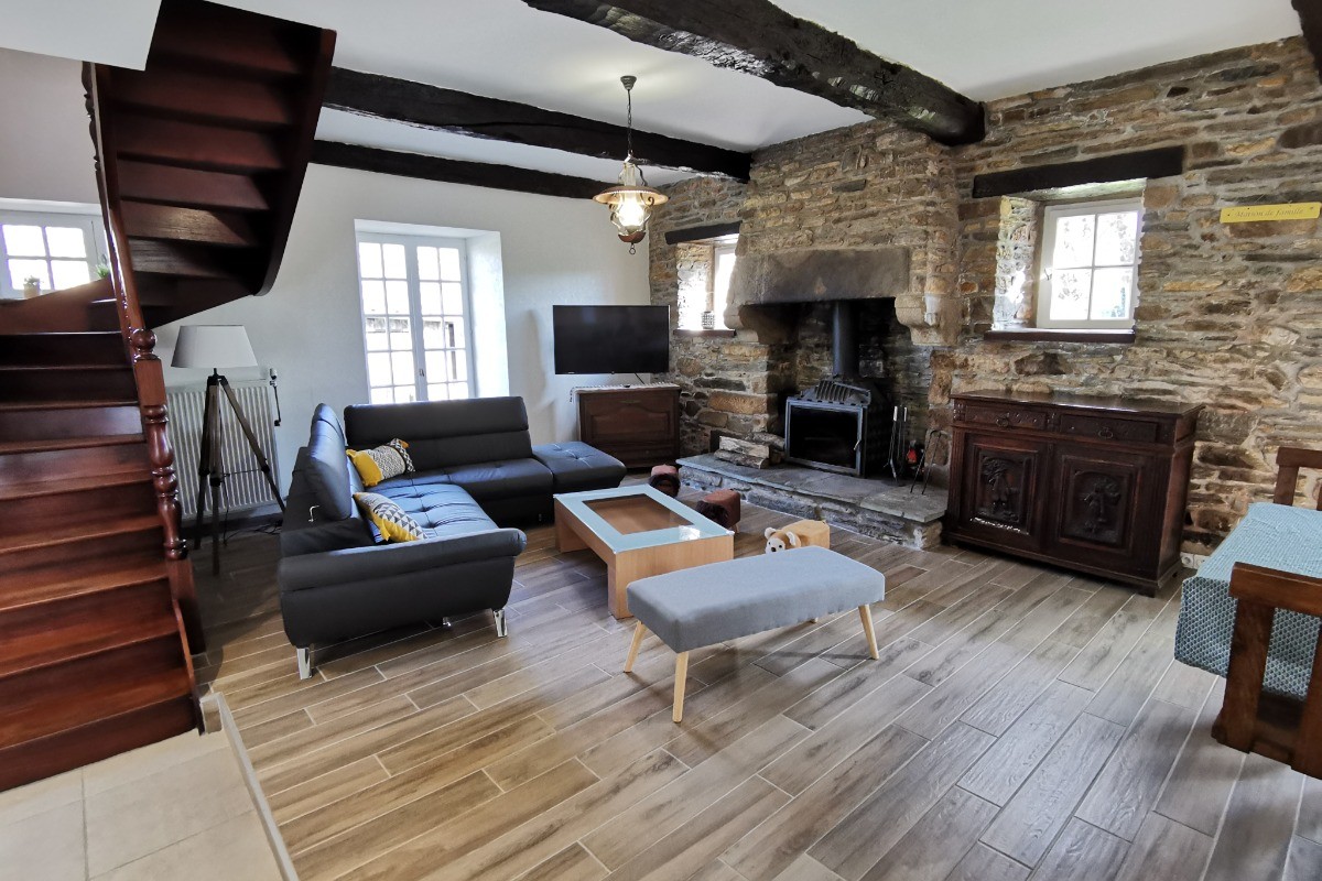 Living room with TV and wood-burning stove