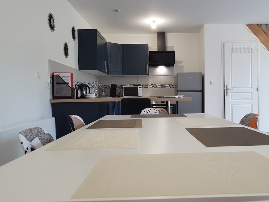 Grande pièce de vie de 32 m² avec coin cuisine toute équipée, coin séjour et coin salon. Accès à la terrasse de plain-pied.