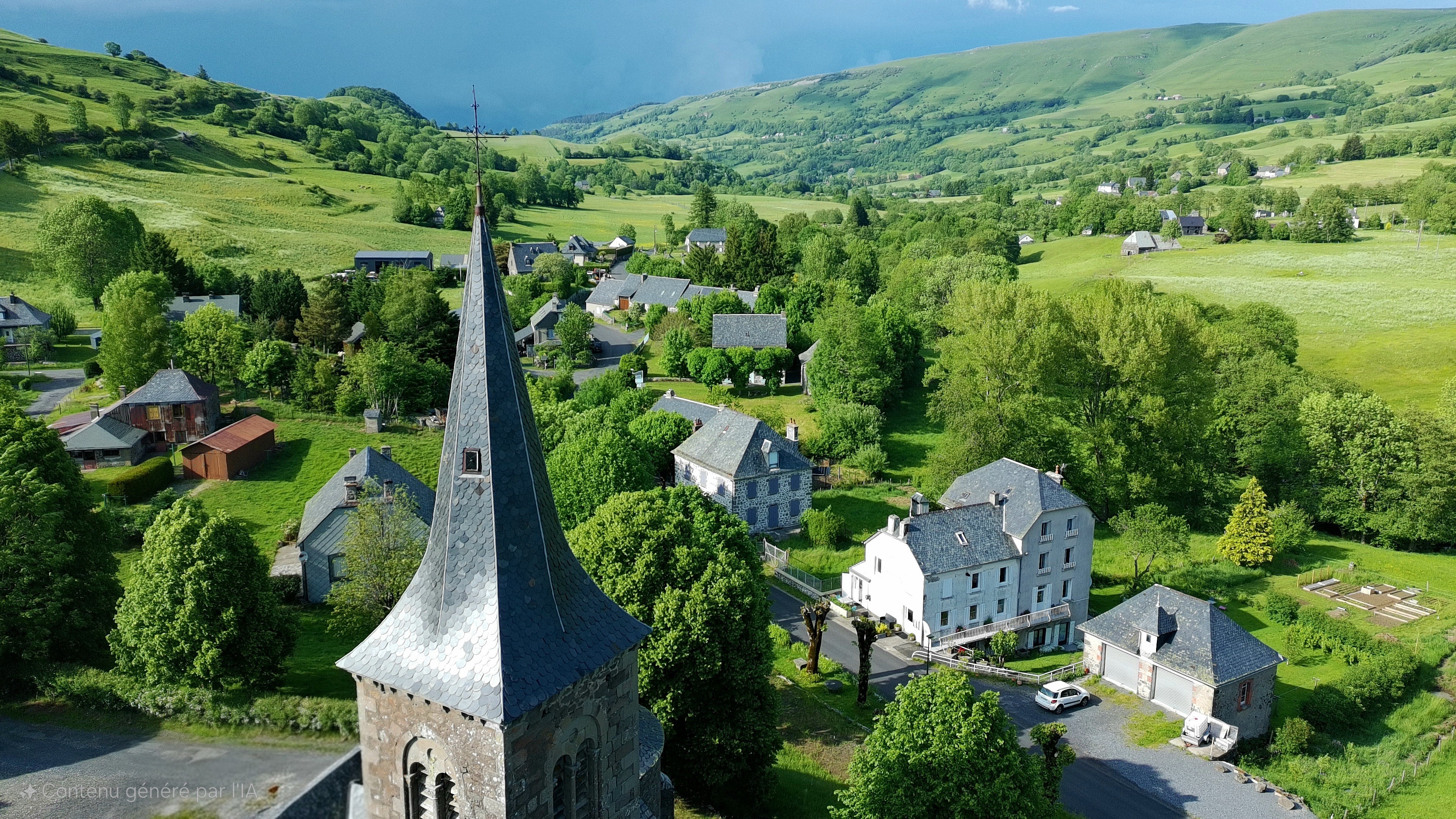 Aerial view of the village of Le Claux in the heart of the Cantal mountains
