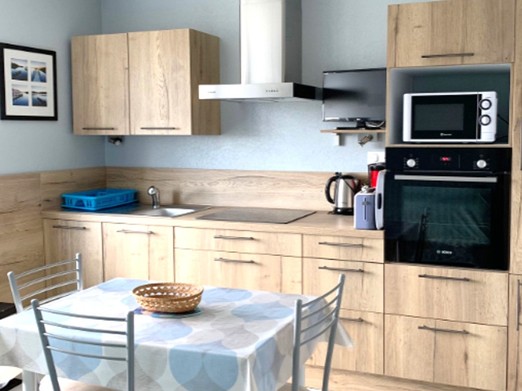 Pièce de vie avec coin cuisine aménagée et bien équipée, coin salon avec canapé convertible et TV.