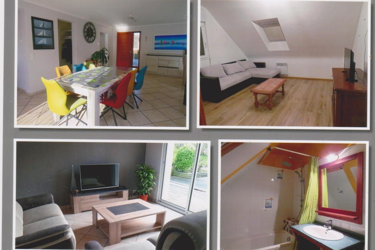 le salon mezzanine, en bas, la salle à manger et le salon