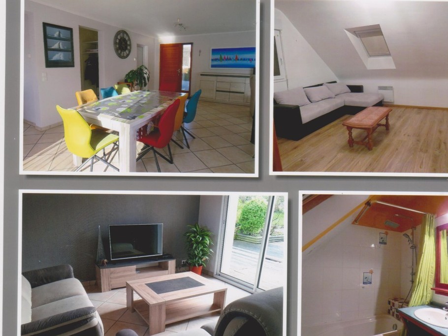 le salon mezzanine, en bas, la salle à manger et le salon