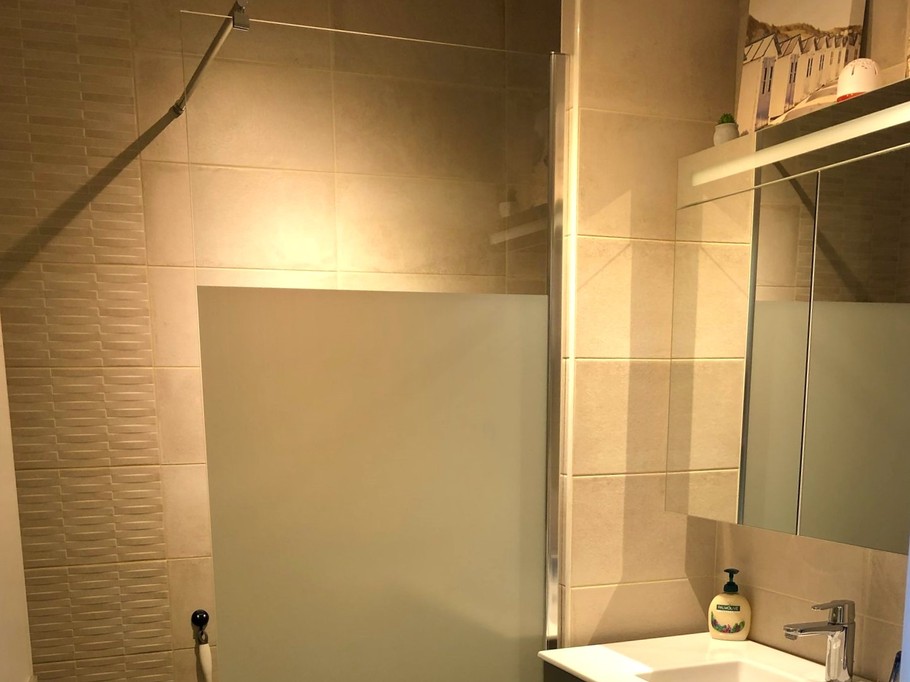 Salle d'eau avec douche grande dimension, meuble vasque, radiateur sèche serviette, lave-linge.