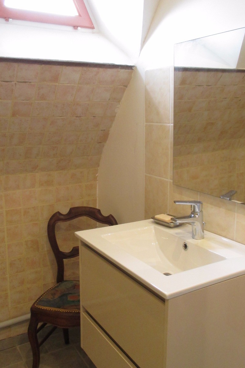 la salle d'eau avec douche, WC, vasque sur meuble, table a langer