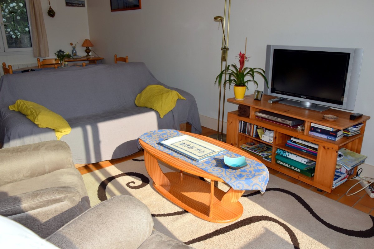 pièce à vivre côté salon avec TV, DVD