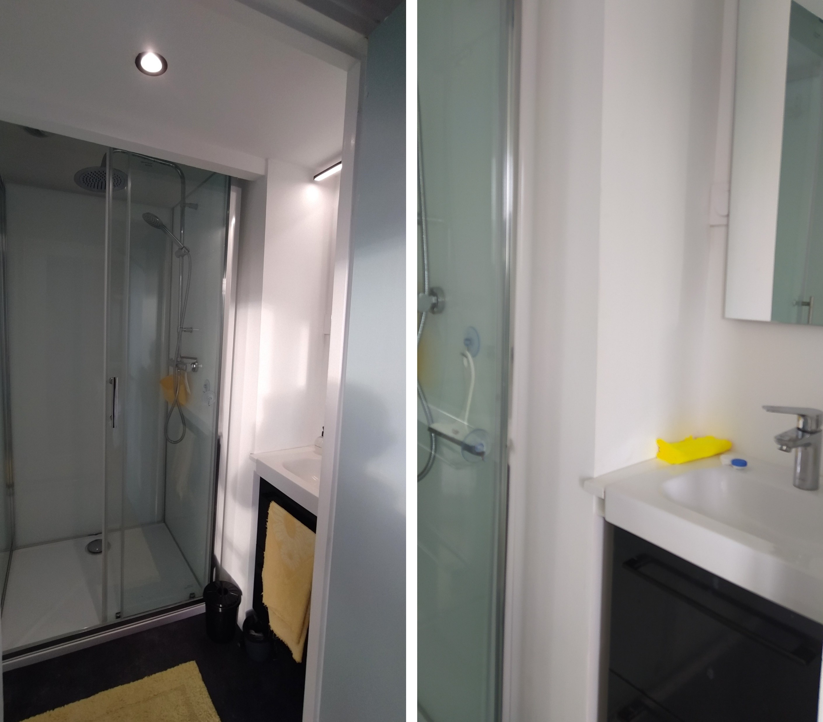 Chambre 1 avec un lit 140 cm, rangements, porte-manteau, et salle d'eau communicante (douche grande dimension et meuble vasque avec miroir)