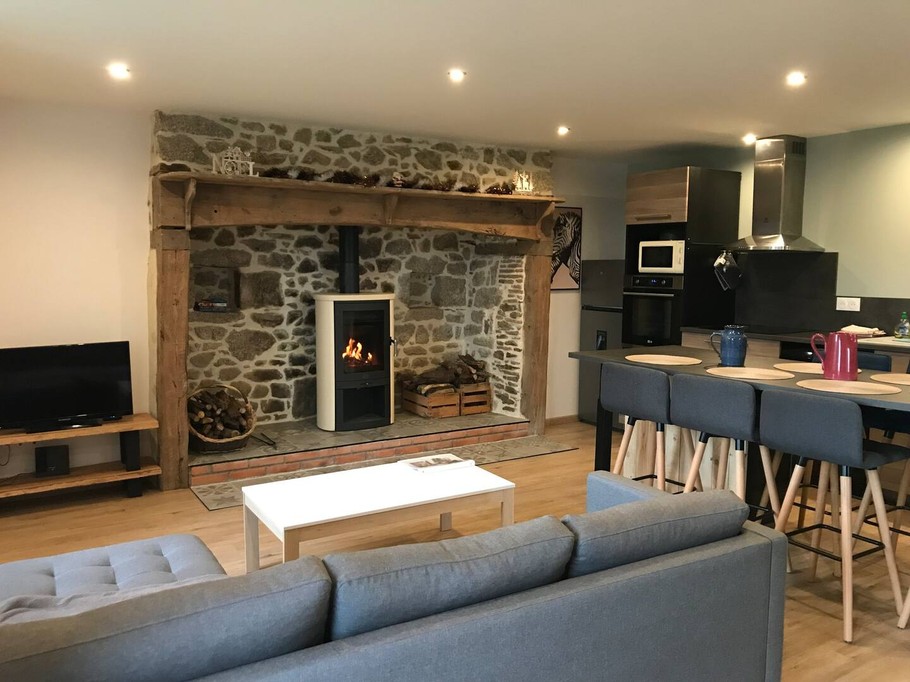 Salon cosy avec canapé confortable et poêle à bois allumé pour une ambiance chaleureuse.