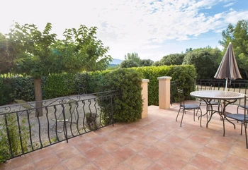 Terrasse et cour privatives ombragées, équipées de mobilier de jardin et d'un barbecue