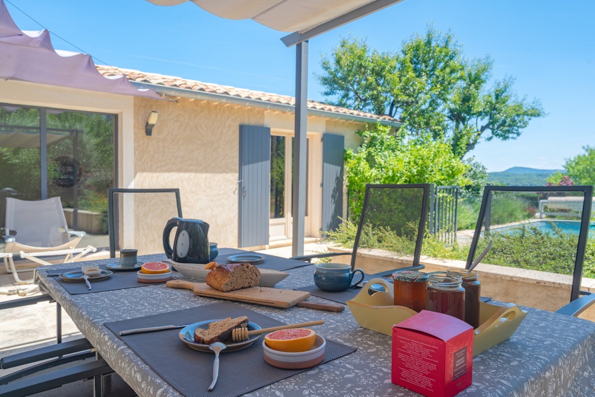 Le petit déjeuner en terrasse avec vue sur la piscine