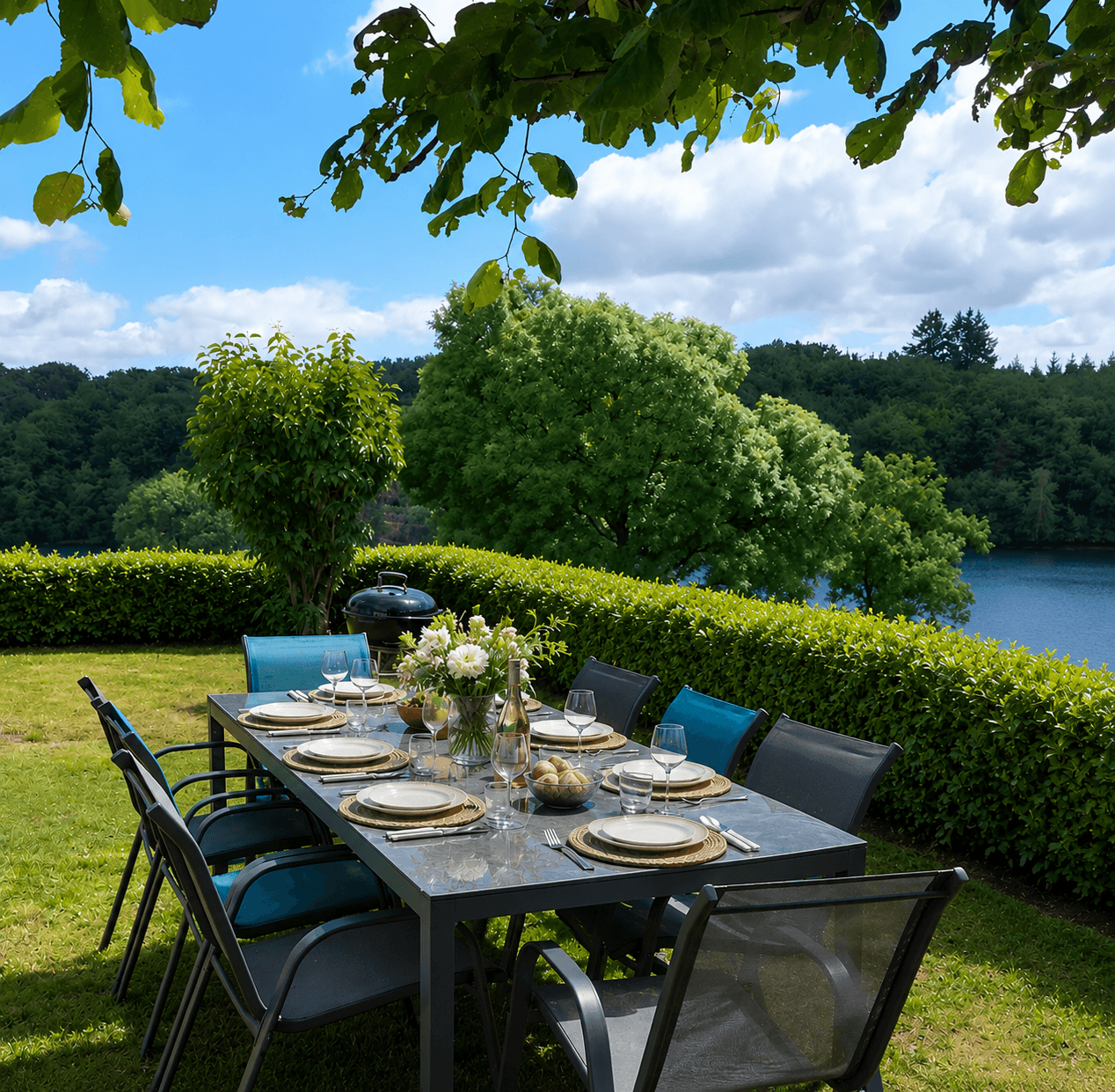 Terrace in front of the holiday cottage with a view of the lake