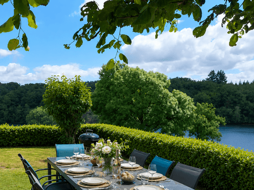Terrasse devant le gîte avec vue sur lac