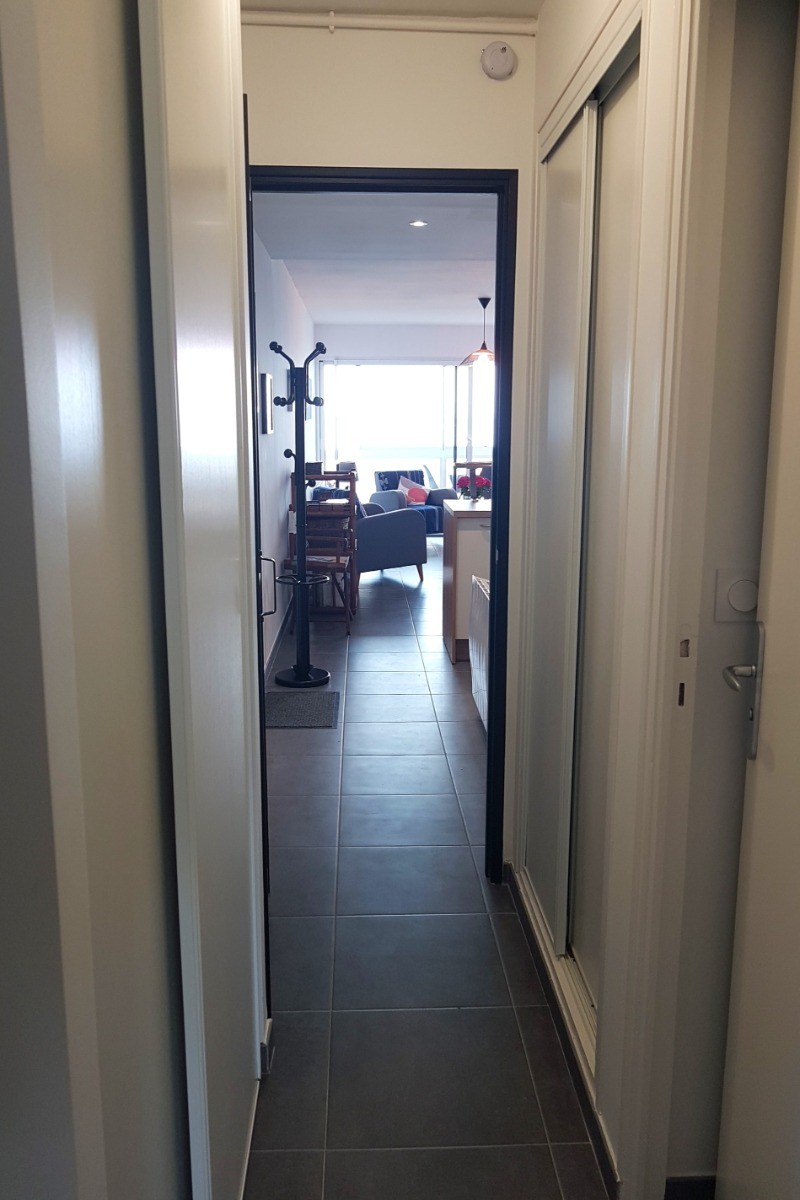 Entrée à gauche. Couloir desservant le WC, salle de bain et chambre indépendante.  Au fond, la pièce de vie avec coin cuisine, coin séjour, coin salon, et véranda.