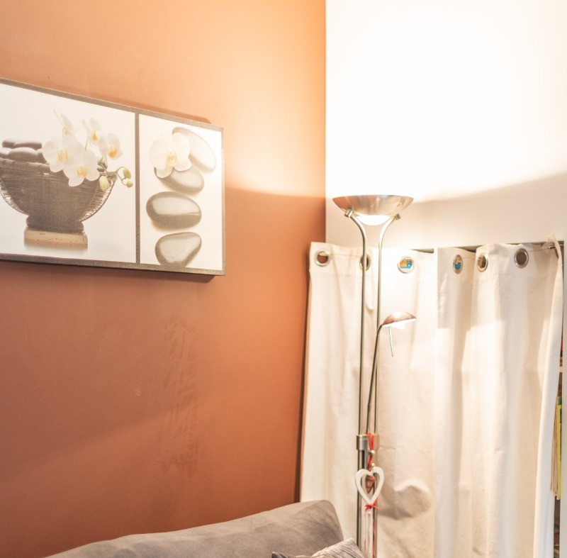 salon avec pouf pour bien profiter des moments conviviaux, placard avec rideaux, nombreux livres et jeux de société.