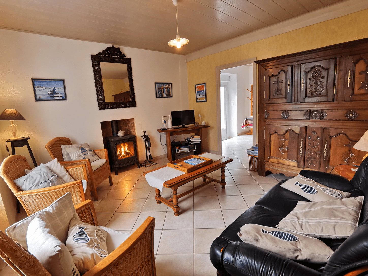 The living room at the Ty-Héol holiday cottage, with its wood-burning stove