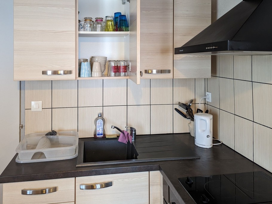 Cuisine aménagée avec hotte et four, four à micro-ondes