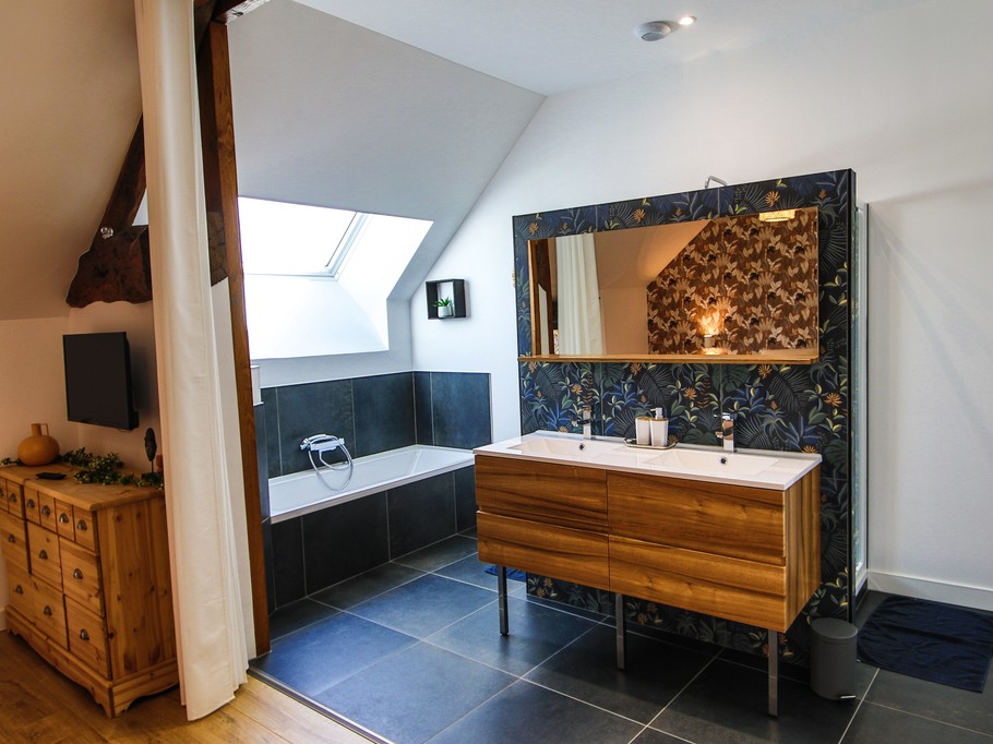 Chambre 1 : chambre spacieuse pour deux personnes avec lit 160x200 cm, TV, canapé, et sa grande salle de bain double vasques (baignoire et douche) et WC séparés.