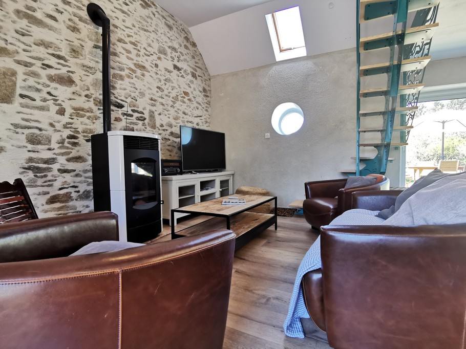 living room with pellet stove