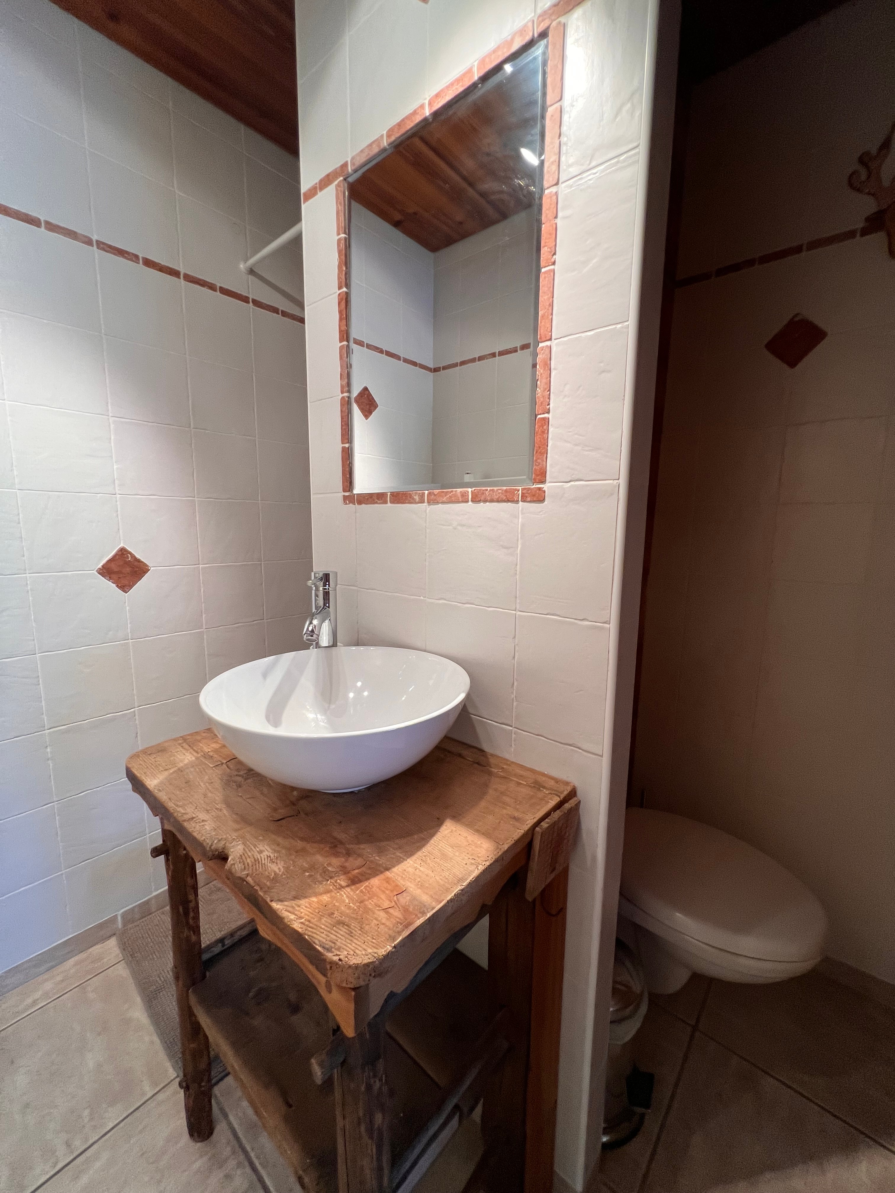 Salle d'eau attenante à la chambre 1, équipée d'un WC, d'un lavabo et d'une douche.