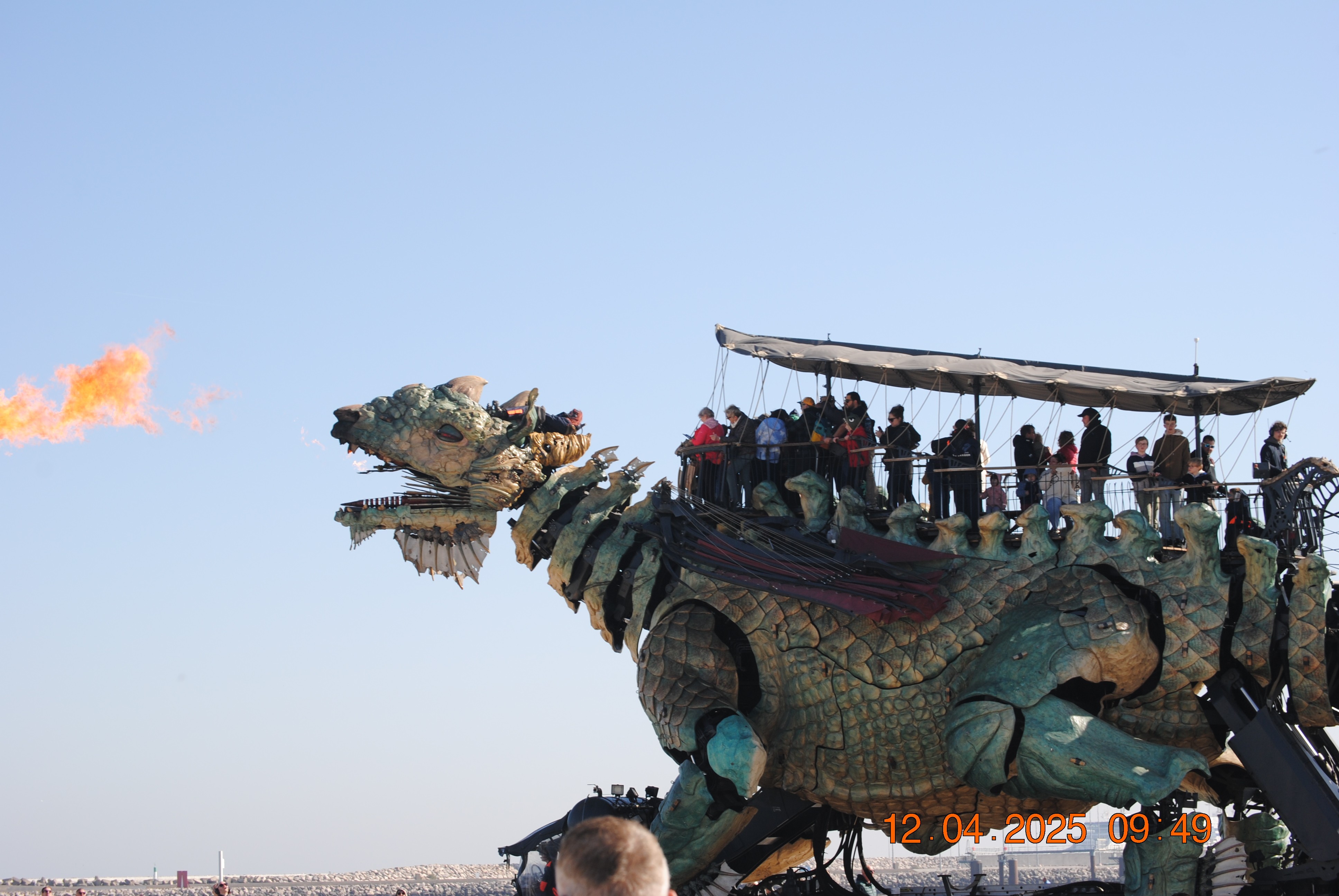 le dragon de Calais sur la digue. Il maille le centre-ville et interagit avec les habitants et les visiteurs. Très expressif, il crache du feu, de la fumée et de l’eau sous différentes formes. De la brume s’échappe de son corps par une trentaine d’évents.