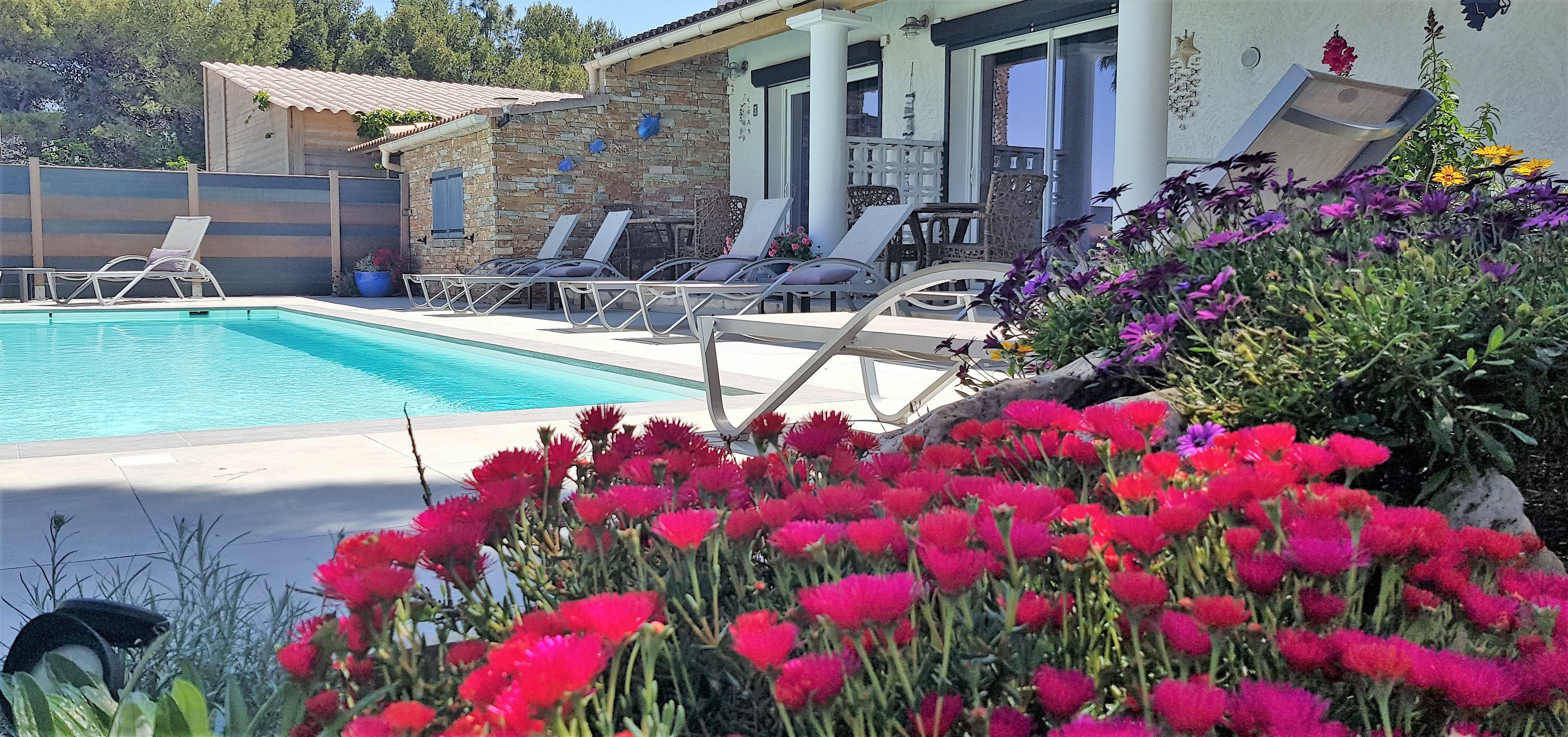 Piscine avec vue sur les massifs fleuris.