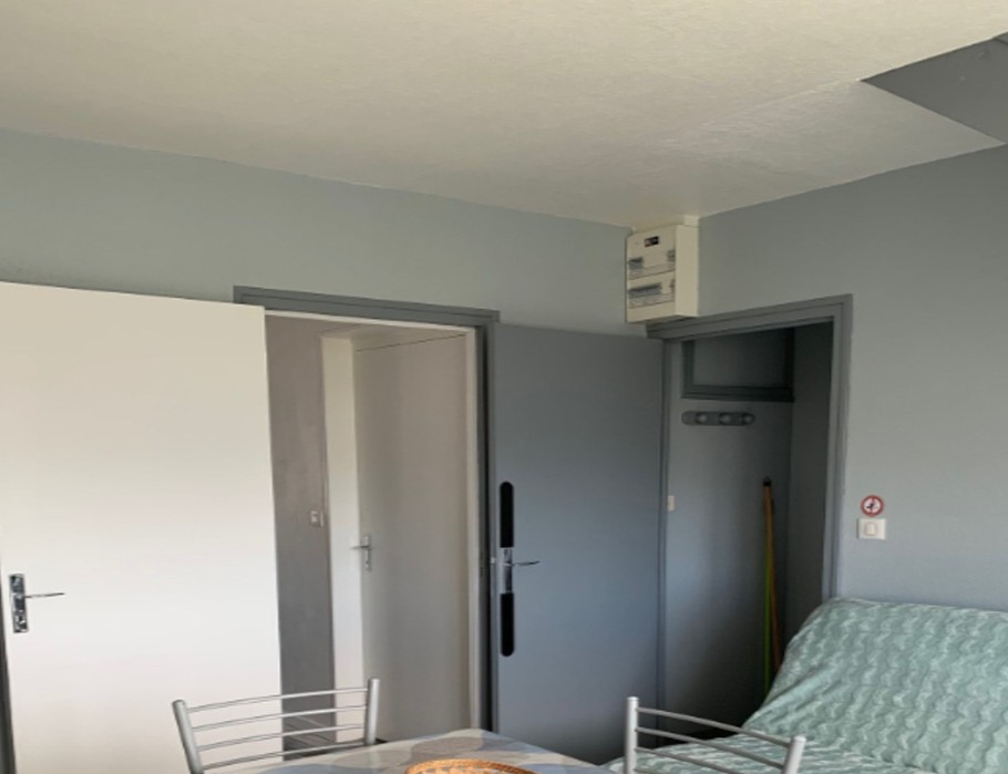 Pièce de vie avec coin cuisine aménagée et bien équipée, coin salon avec canapé convertible et TV.