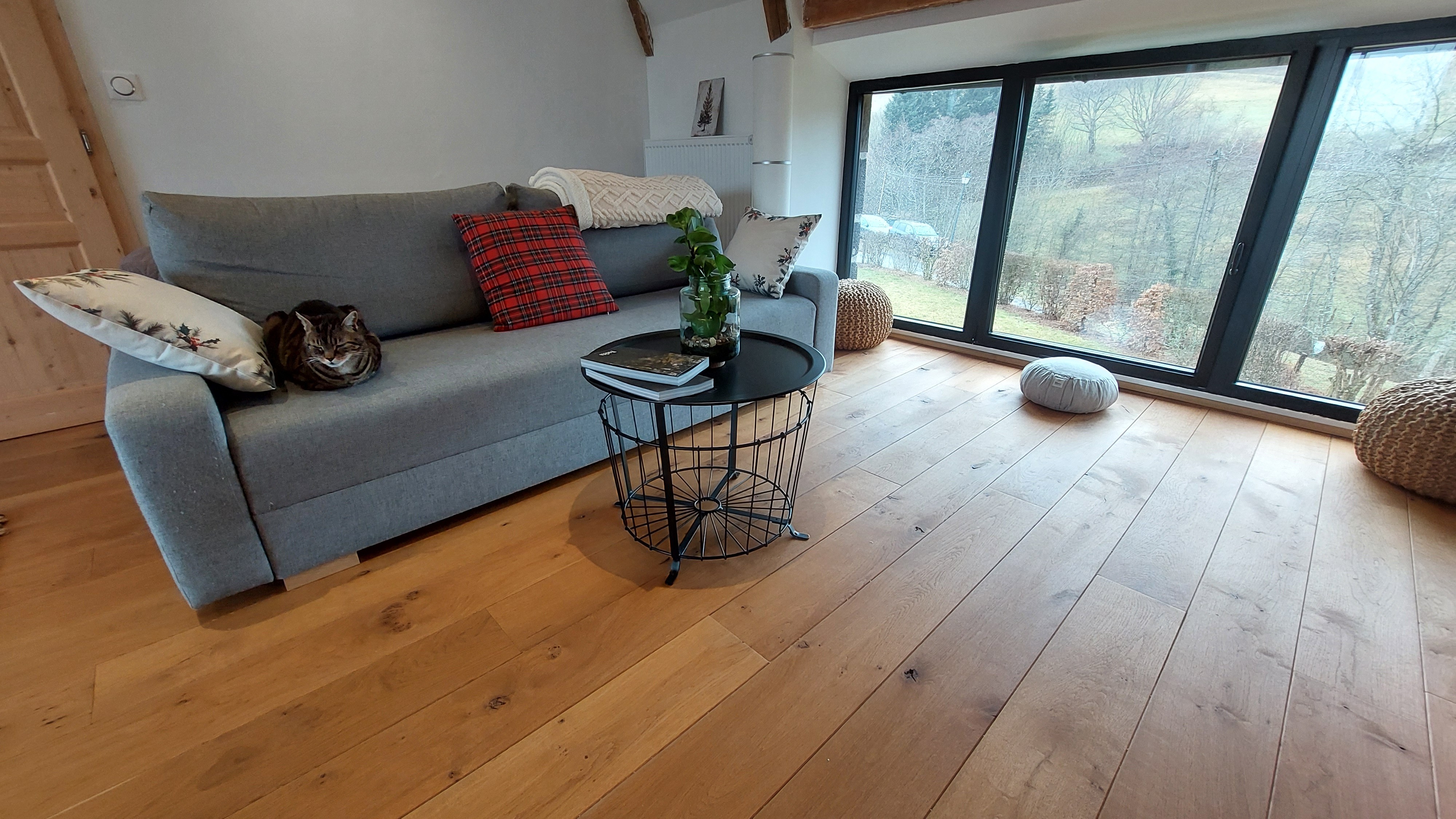 Cosy living room with grey sofa and natural wood ambience in a bed and breakfast in the Cantal region of France
