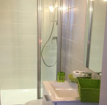 Belle salle de bain avec WC,douche neuve et agencements harmonieux : bonne douche !