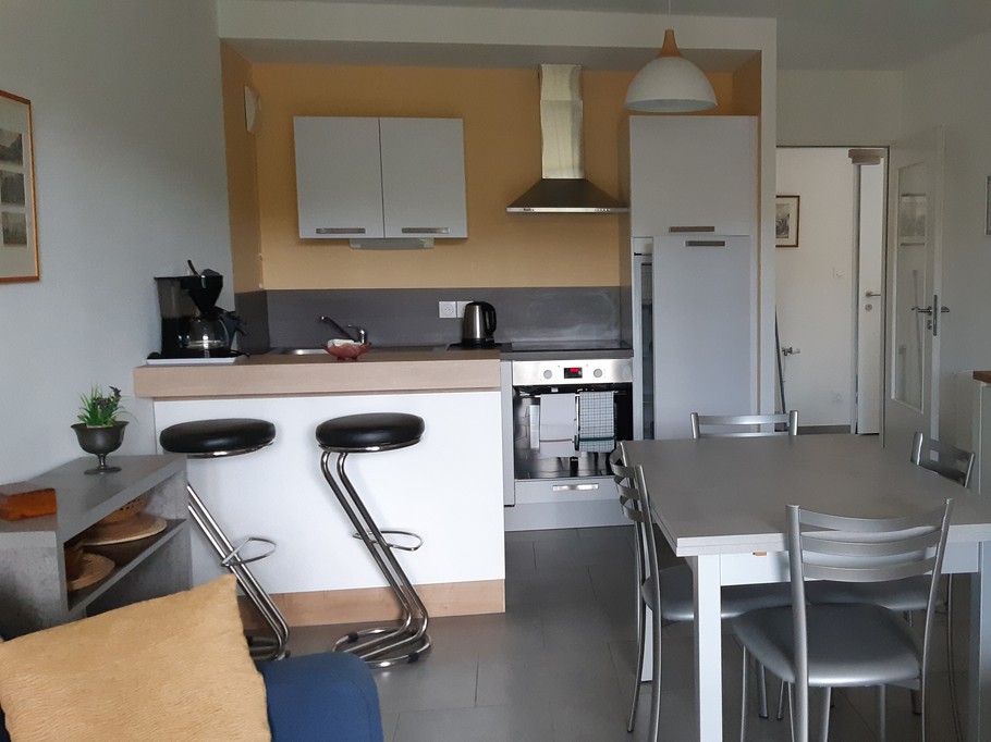 Kitchen opening onto living room