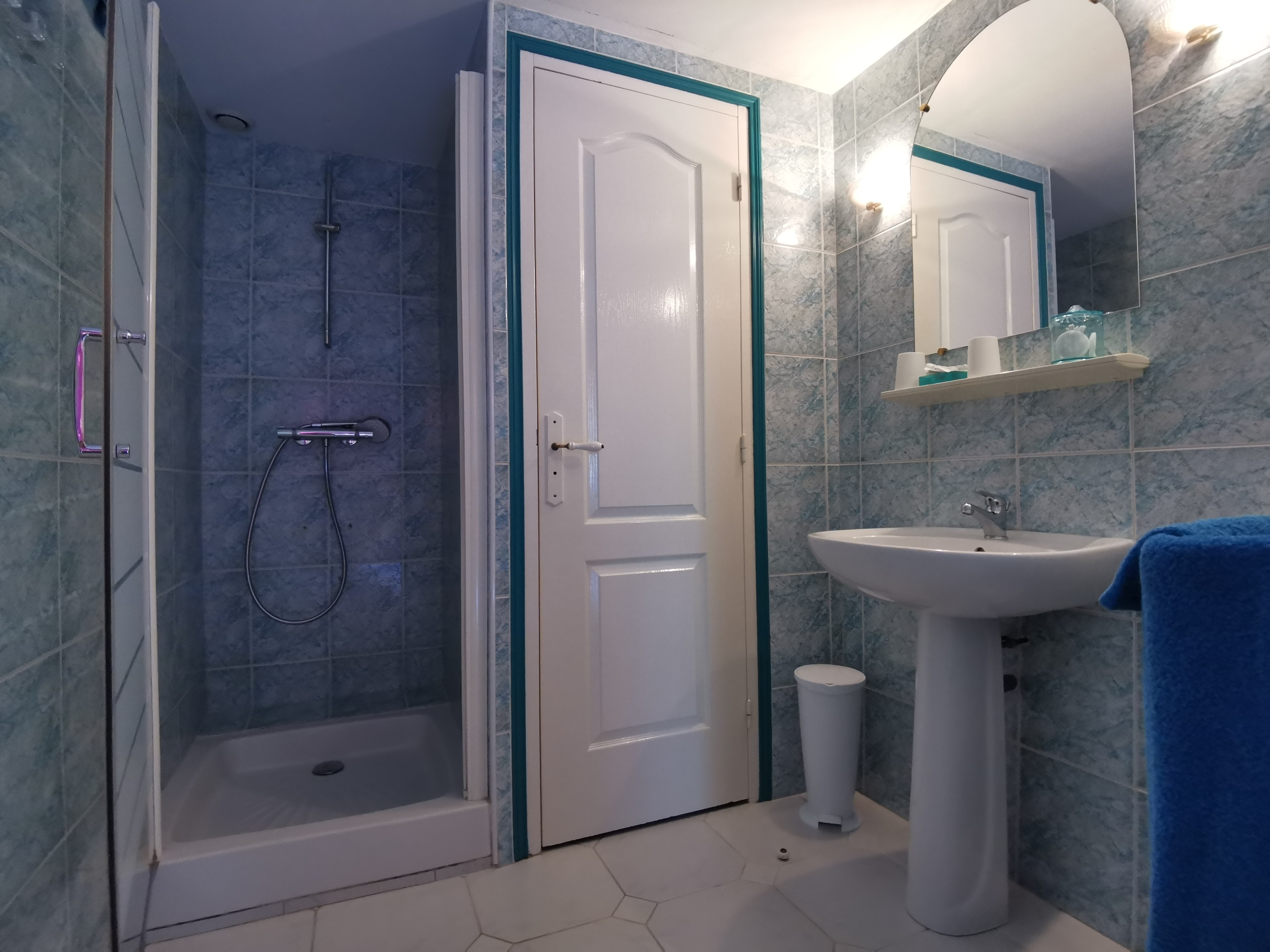 Salle d'eau avec douche et WC fermé communicante à la chambre