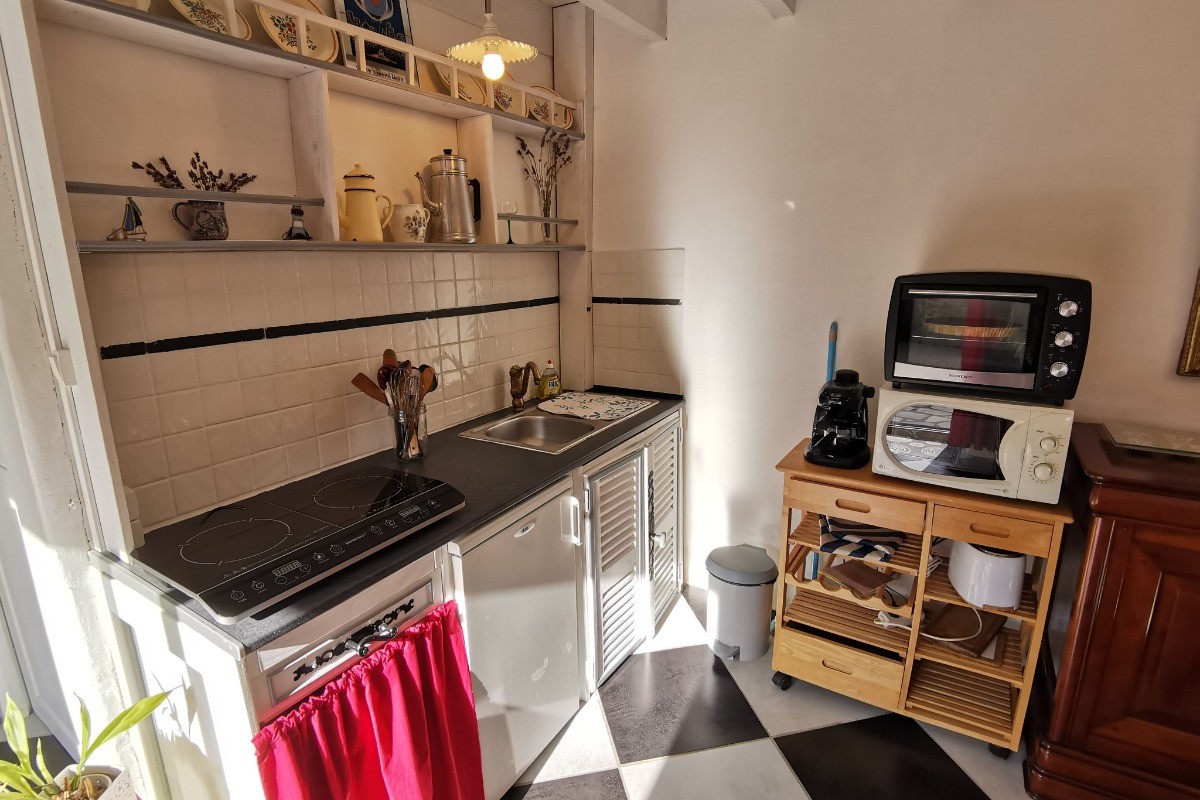 Espace cuisine avec MO, four, réfrigérateur, plaque induction portatif