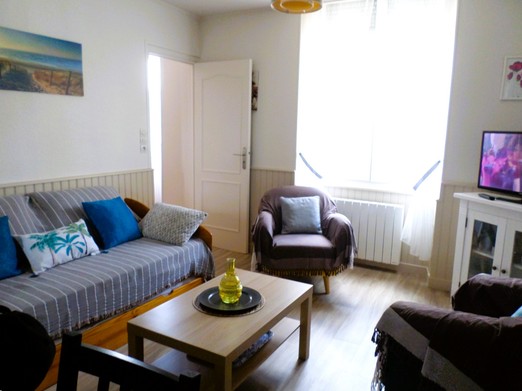 Pièce de vie avec coin cuisine toute équipée, séjour et salon (canapé convertible 1 personne). Chambre indépendante à droite du salon.