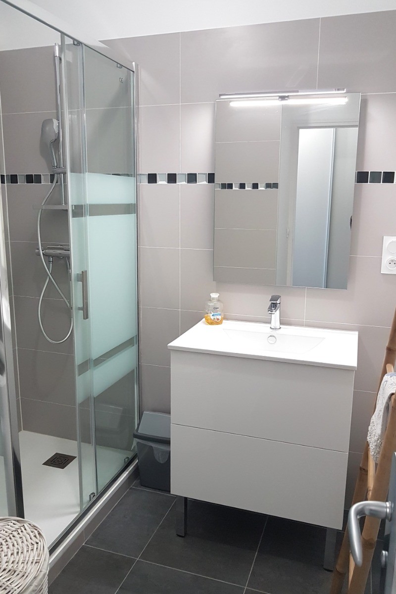 Salle d'eau avec une douche grande dimension, lavabo meuble vasque, machine à laver, sèche serviette électrique. WC séparé.