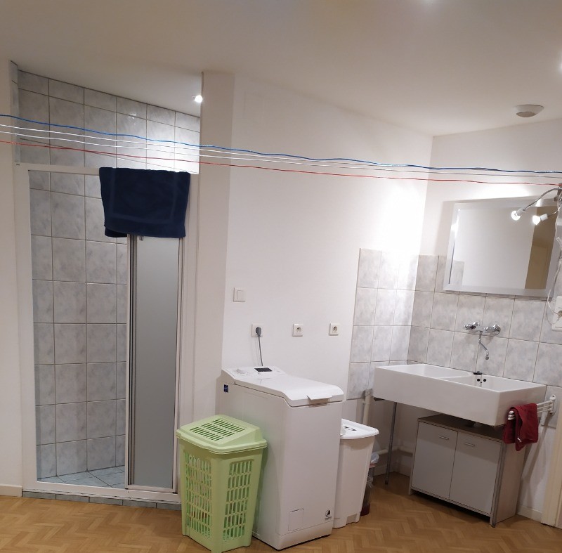 Lingerie avec machine à laver, sèche linge, lavabo et une douche.