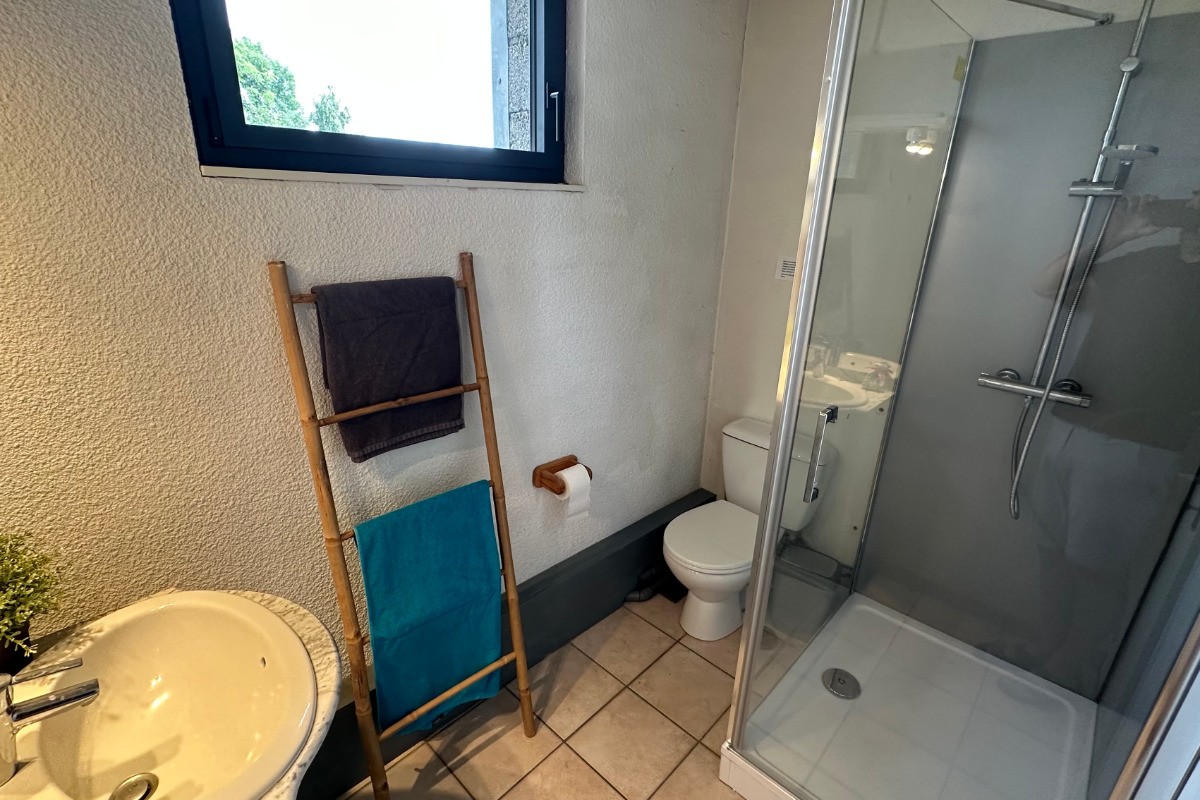 Salle de bains avec douche, lavabo, WC